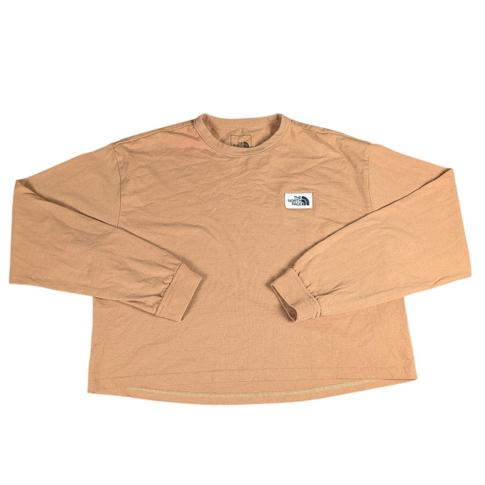 The North Face Womens Tan Long Sleeve Cropped Boxy Tee Recycled Material Logo